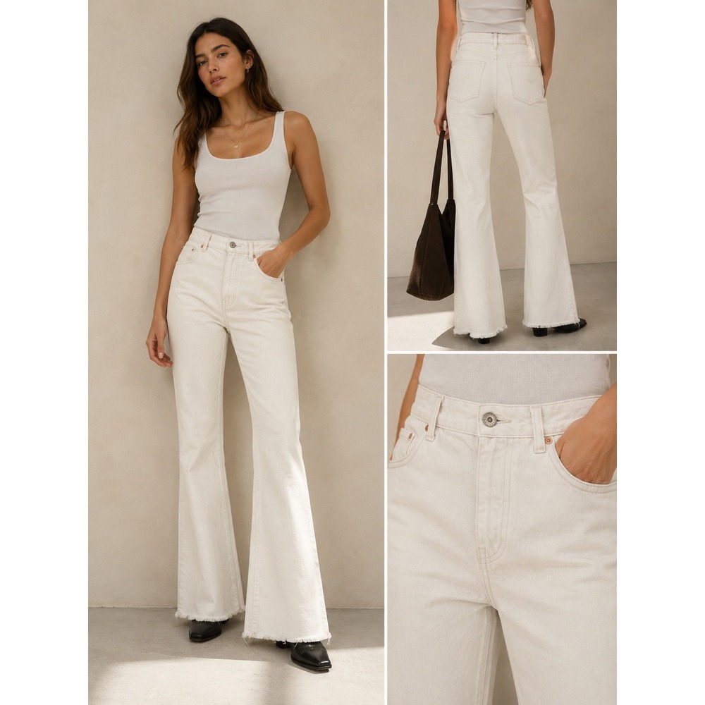 Zara Womens High Rise Flare Jeans Off White Raw Hem Size 6 US 38 EUR